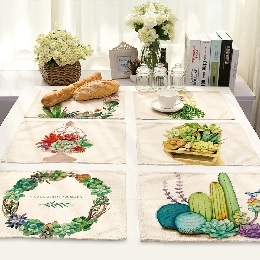 Cactus Succulent Plants Flower Faux Linen Print Placemat Dining Table Mat Green Leaf Fabric Coasters Kitchen Home Tablecloth