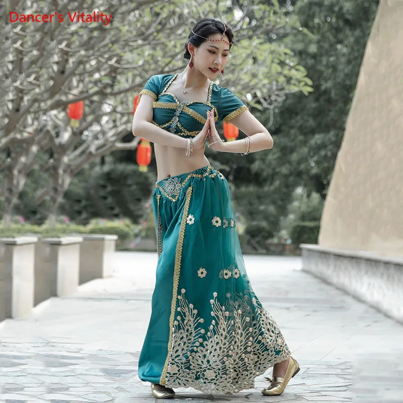 

Belly Dance Outfit Short Sleeve Top Tulle Wide Leg Pants Indian Dancewear Female Elegant Shirt Trousers Performance Clothing Set