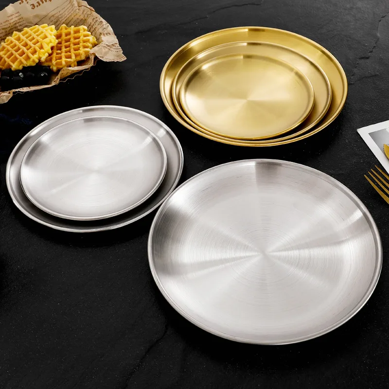 1pcs 14cm stainless steel tray barbecue plate single layer thickened Golden Disc dessert plate buffet Dinner plate