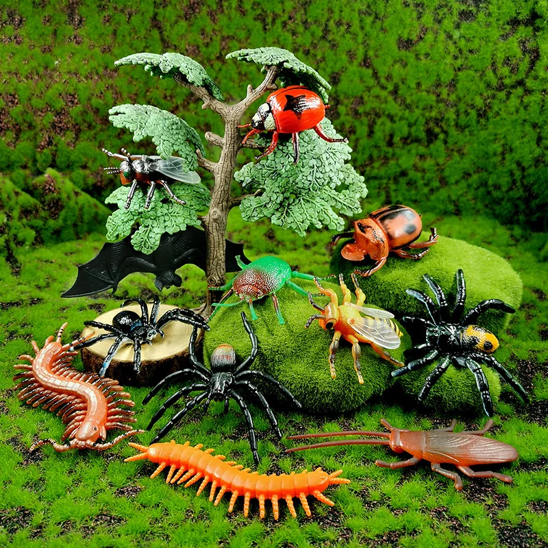 12pcs Simulation Bat Insect Centipede Spider Ladybug Bee Cricket animal model action figure hot set educational toy for children