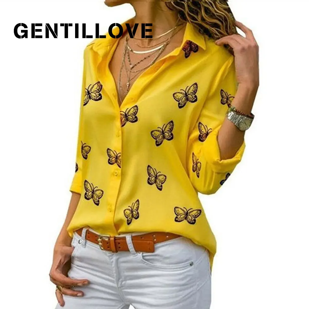 Gentillove Women Long Sleeve Blouse Oversized Spring Autumn Turn Down Collar Loose Office Lady Casual Butterfly Printing Basic