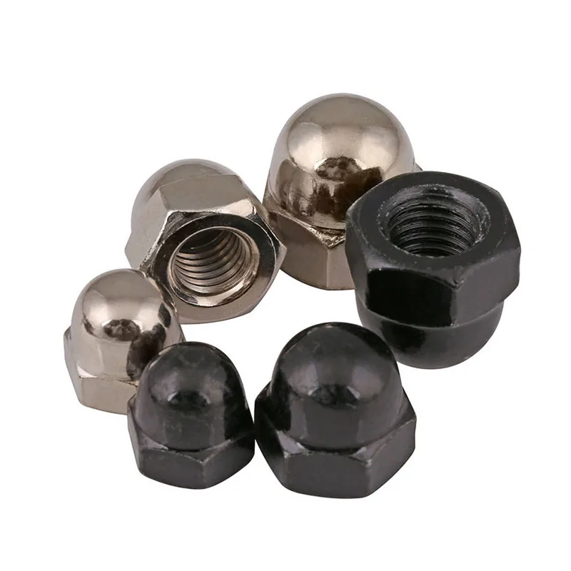 Tuercas de tapa hexagonal M3 ~ M12, Tuercas de tapa hexagonal de bellota, acero al carbono ni-plateado/Negro, cubierta de cúpula chapada en Zinc, Tuercas de bellota