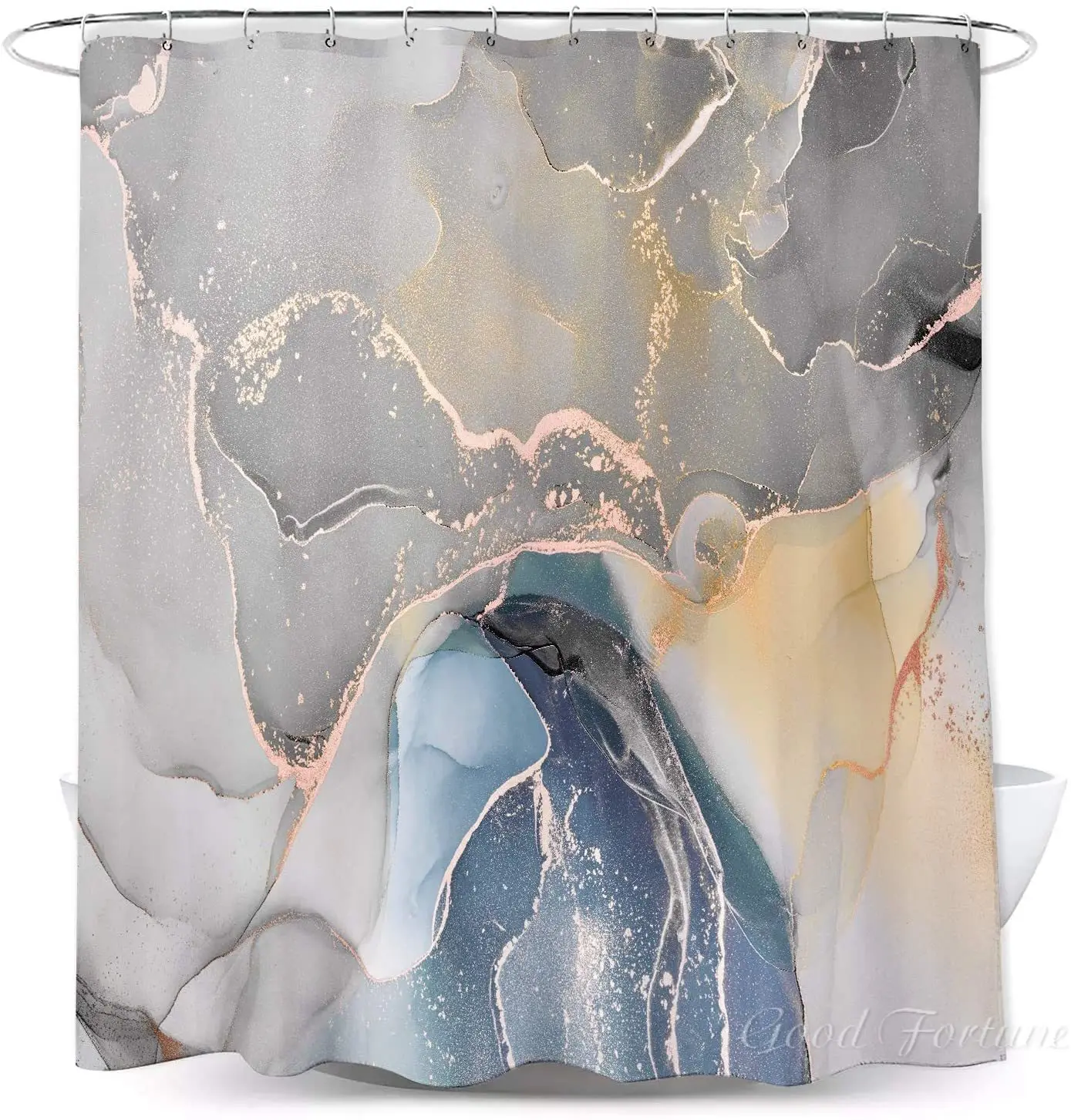 Blue Gold Marble Shower Curtain Set Ink Mixed Cracked Lines Abstract Stone Luxury Polyester Bathroom Decor With 12 Hooks