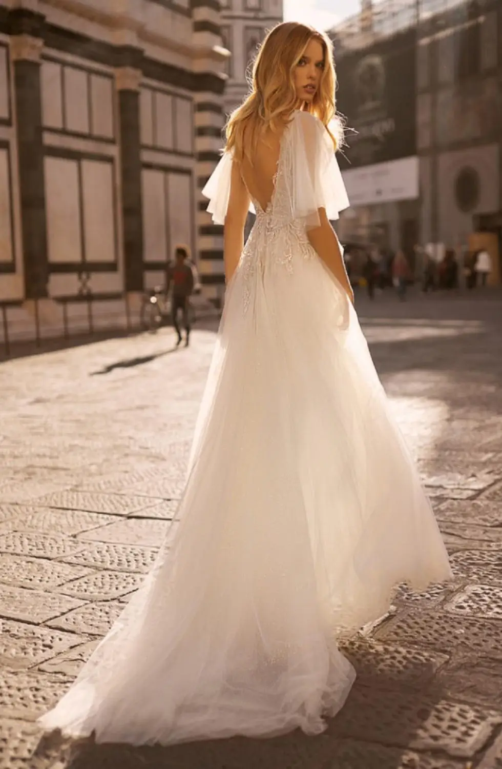 Vestidos de novia bohemios con apliques de encaje, vestido de novia transparente con escote en V, manga corta, talla grande, abertura lateral, 2020