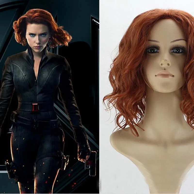 Black Widow Wigs Natasha Cosplay Wig Short Curly Mixed Red Brown Heat Resistant Synthetic Hair + Free Wig Cap