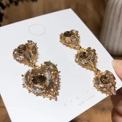 Fashion Asymmetry Champagne Crystal Heart Drop Earrings Women Luxury Elegant Staement Dangle Earrings Party Jewelry