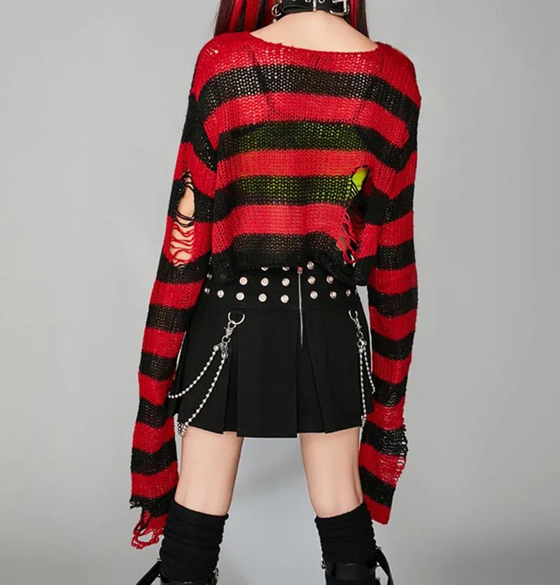 Women y2k Loose Long Sleeve Hollow Oversized Knitted Round Neck Cutout Gate Floral Sweater Striped Ripped Pullover Aesthetic Top