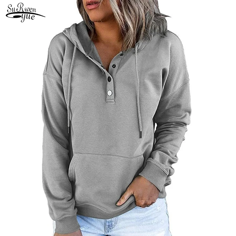 

Casual Drawstring Button Pocket Streetwear Women Sweatshirt Casual Women's Clothing Hoodies Long Sleeve Loose Fashion Tops 17968