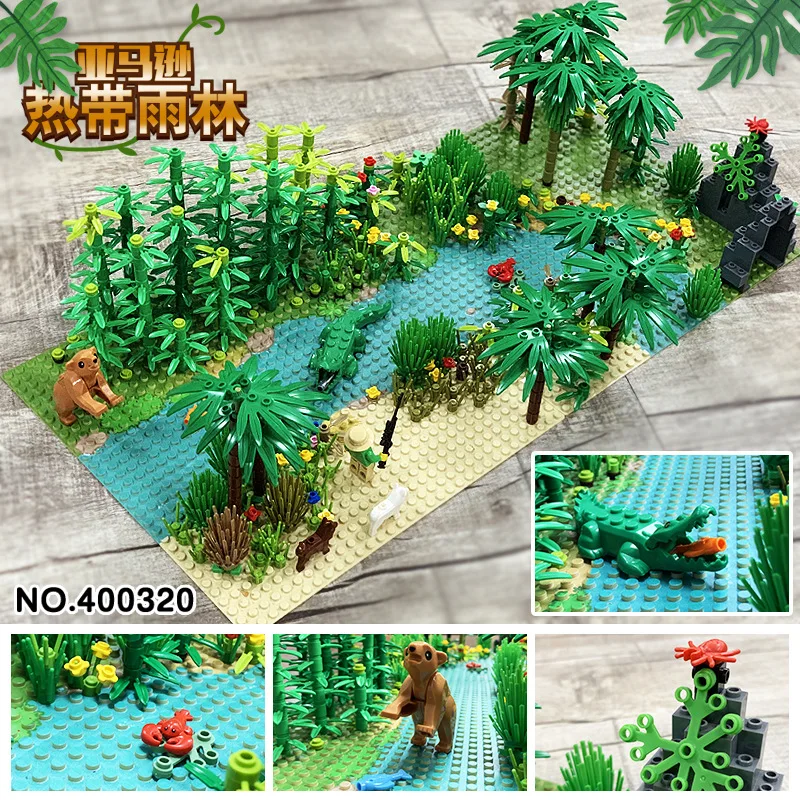 MOC Military Rainforest Baseplate Parts Animal Jungle Flower Tree Plants City Adventure Building Blocks Assemble DIY Toys Gifts