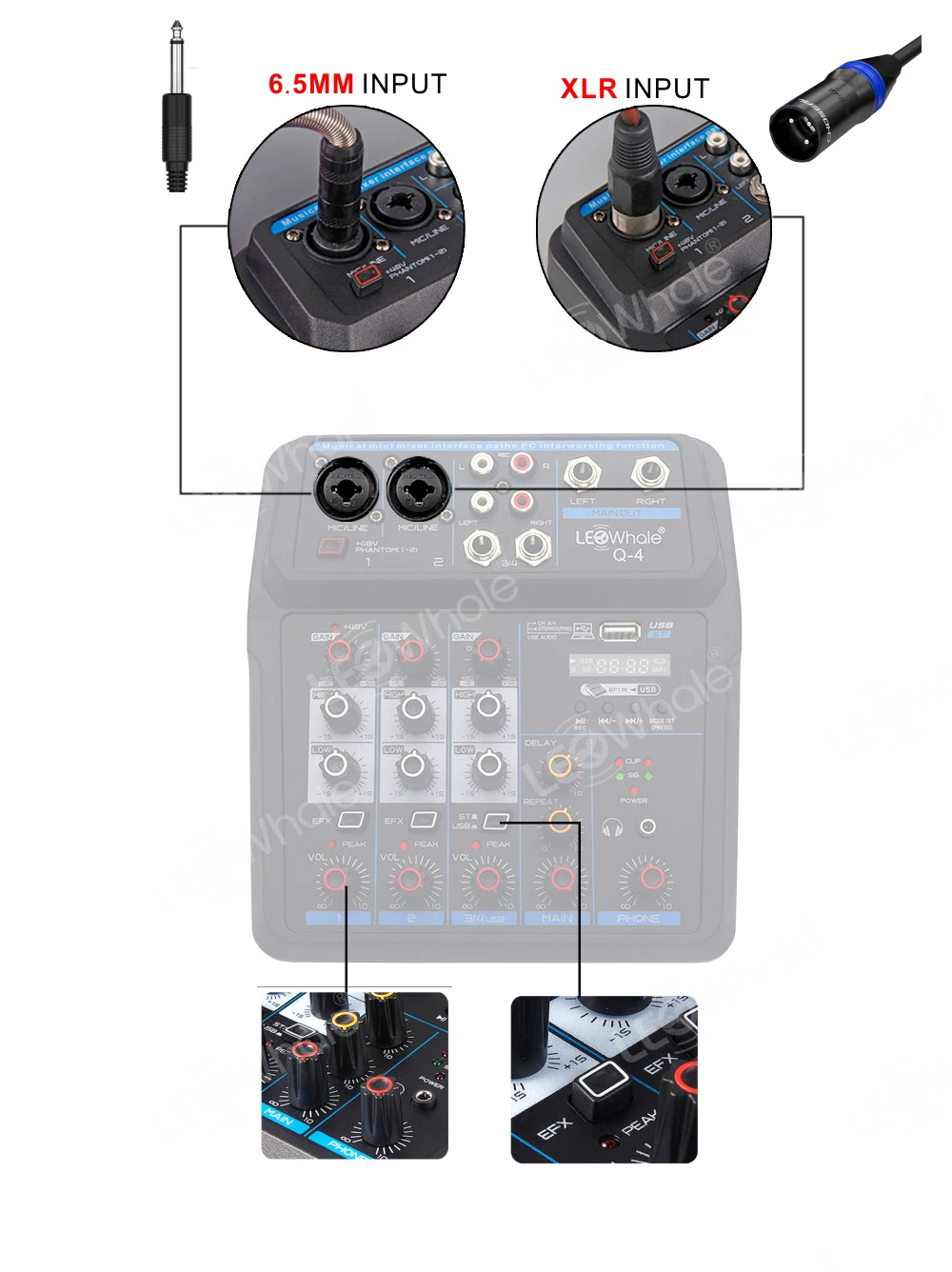 LEOwhale-Mezclador de sonido para DJ, consola de mezcla de Audio con Bluetooth, USB, Monitor de oído Phantom de 48V para grabación de guitarra en PC