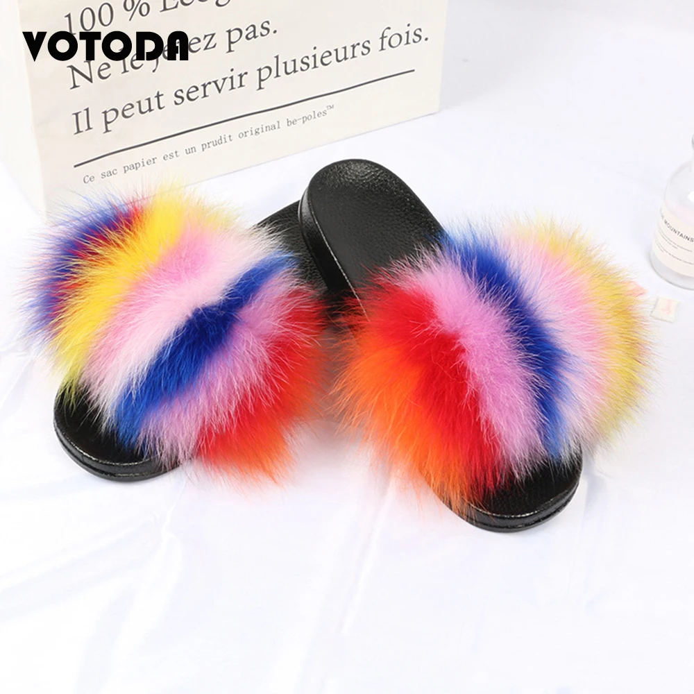 Summer Furry Shoes Women Fur Slippers Fluffy Raccoon Fur Sandals Fox Hair Slides Flat Rainbow Flip Flop Fuzzy Shoes Woman Slider