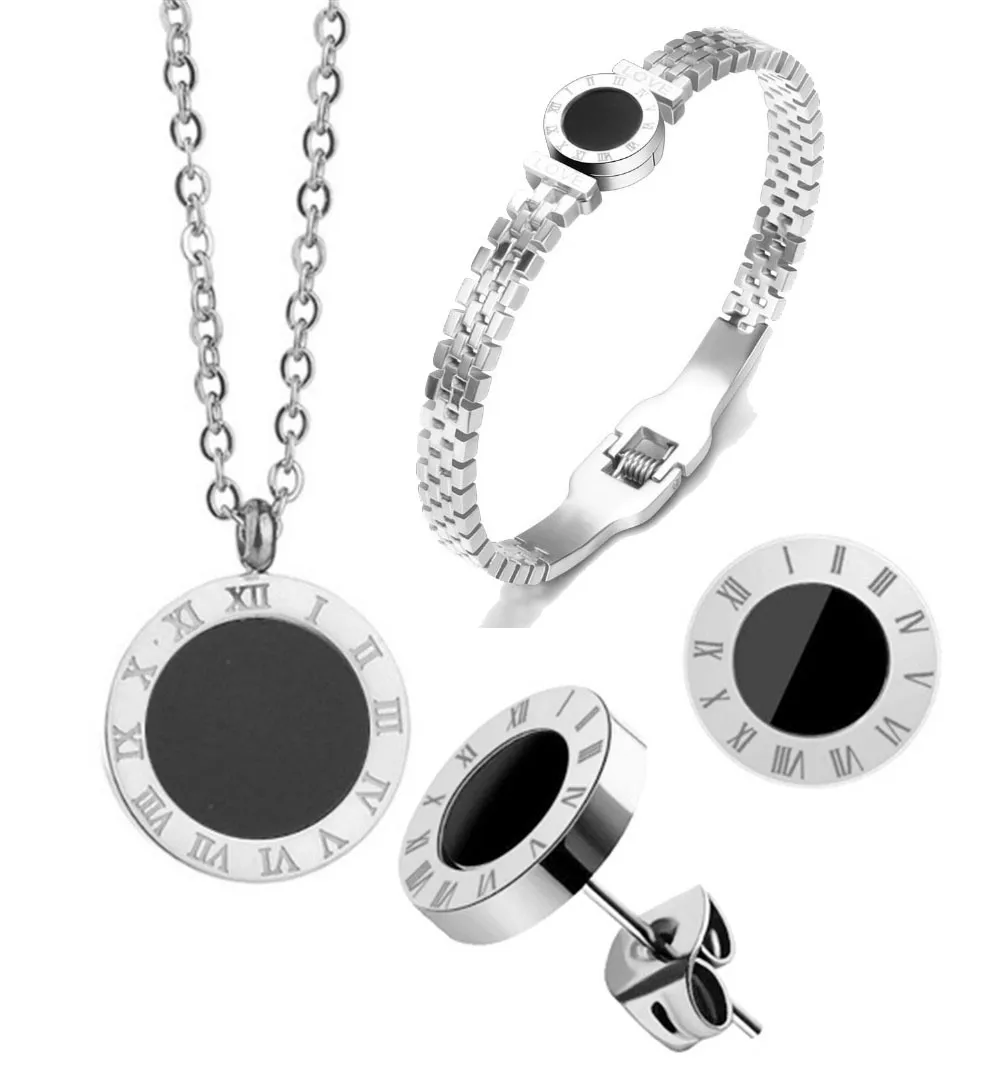 316L Stainless Steel Hollow Black Roman Numeral Round  Bracelet Earring Necklace Colorless Wedding Jewellery Set