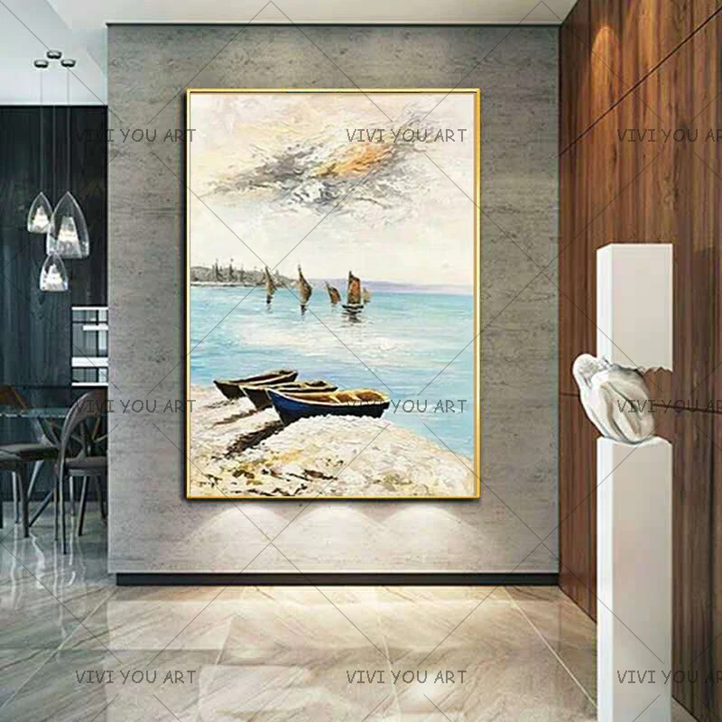 Big Handpainted Wall Art Canvas Painting Seascape Paintings Modern Living Room Home Decor Boat Landscape Oil Painting On Canvas