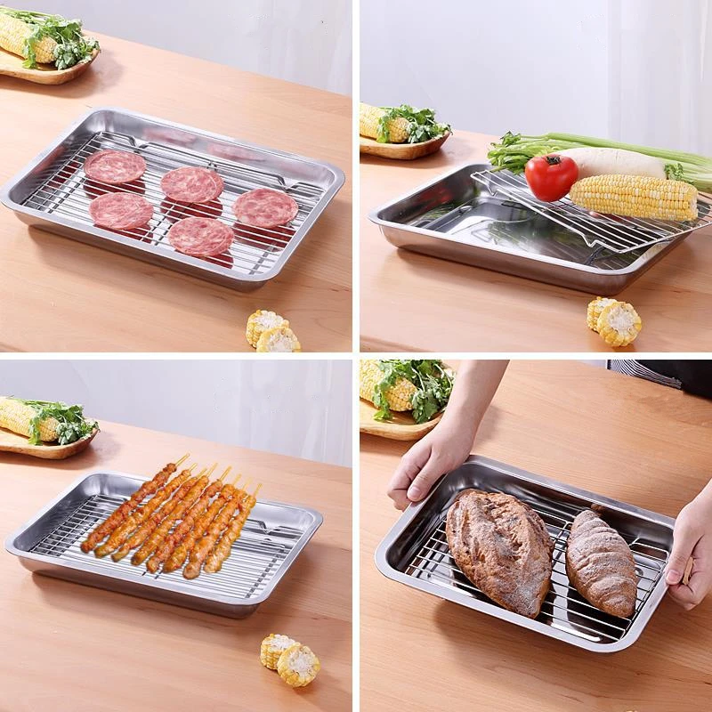 Stainless Steel Bakeware Food Storage Tray Baking Pan BBQ Oil Filter Grid Line Bread Pastry Plate Cooling Rack Kitchen Utensils