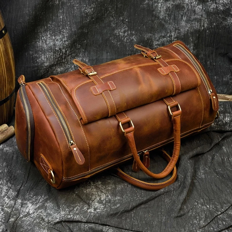 Crazy Horse Genuine Leather Men Travel Bag Vintage Travel Duffel Bag Big Cow Leather Carry On Luggage Weekend Large Shoulder Bag