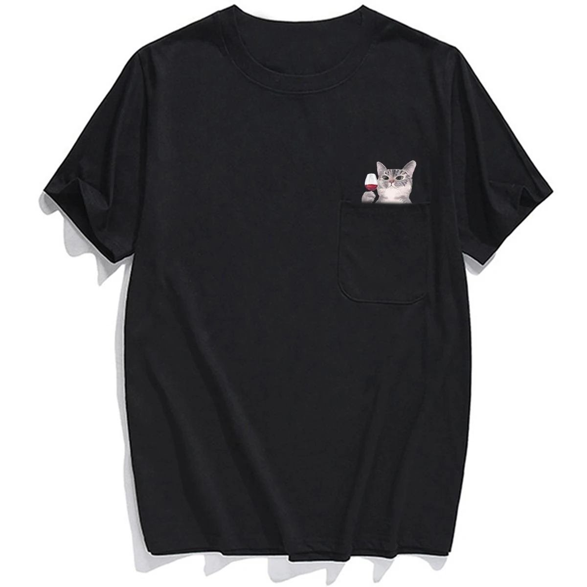 Men\'s T Shirt Fashion Brand summer pocket Red cat printed t-shirt men\'s for women shirts Hip hop tops funny cotton tees