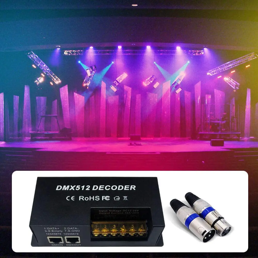 canais rgbw dmx decodificador com rj45 e xlr plug dmx512 dimmer driver 20a para dc1224v pwm rgbw led luz de tira controlador 4 01