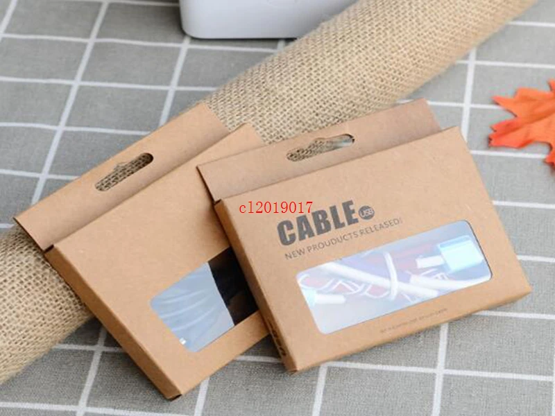 

800pcs/lot 9.5x7.5x1.5cm Date Cable Packaging Cardboard Boxes Kraft Paper Data Line Packing Window Box With Hang Hole