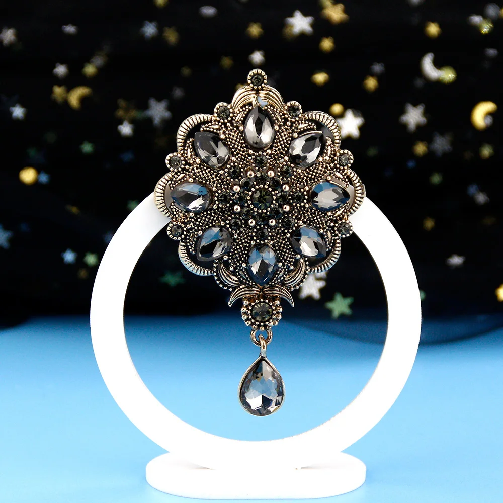 Sunspicems Vintage Indain Bohemia Gray Crystal Brooch Pendant For Women Morocco Algeria Flower Banquet Wedding Jewelry Gift