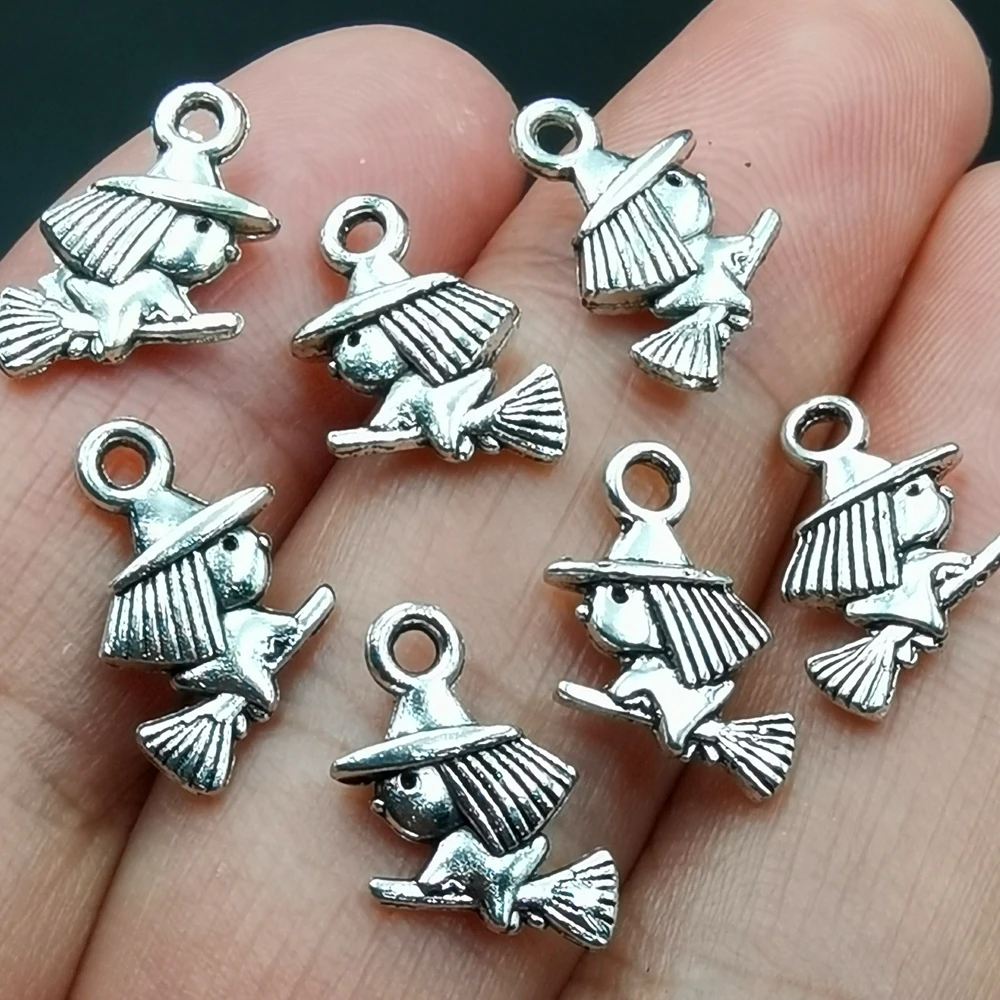 Antiquing 20pcs Cute Charms Witch Riding Broomstick Pendant Witch Riding Broomstick Charm Pendants For Jewelry Making DIY Handma