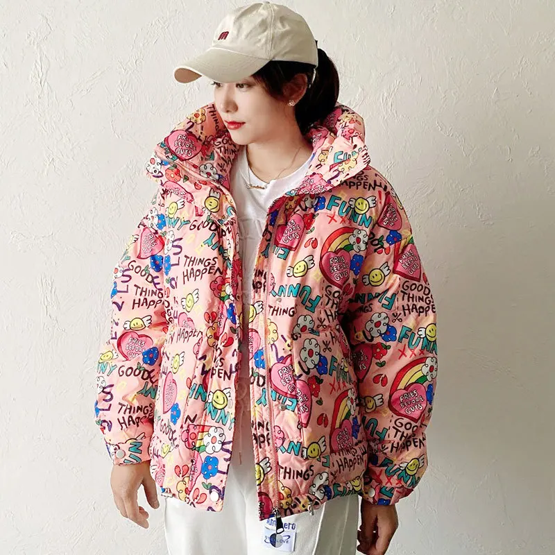 Piumino da donna graffiti piumino d'anatra bianco 2021 nuovo cappotto con cappuccio con stampa allentata stile corto coreano abbigliamento invernale stile moda