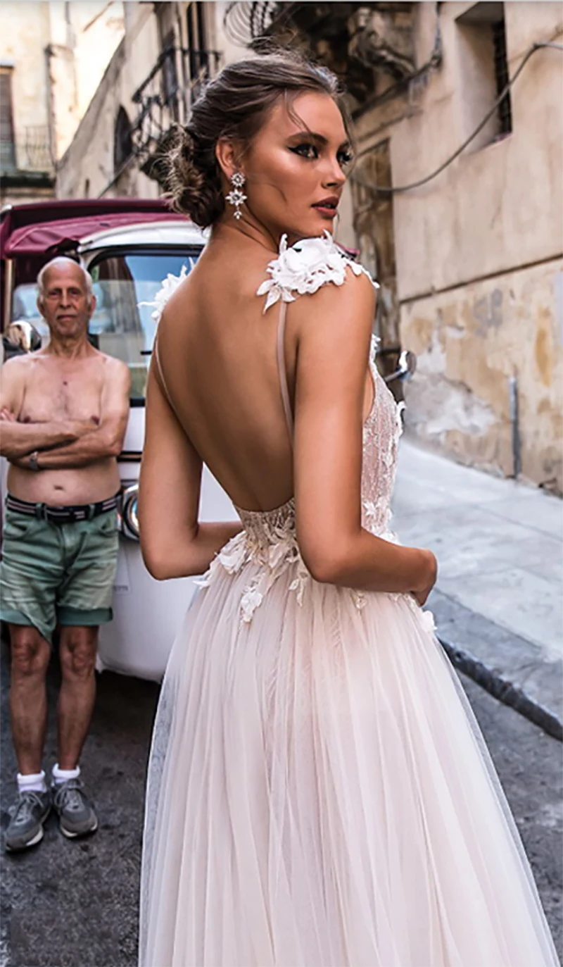 Gaun Pernikahan Pantai Seksi Boho Gaun Pengantin Tulle Gading Applique Renda A Line Tanpa Punggung Leher V Dalam Gaun Pengantin Vestido De Mariee