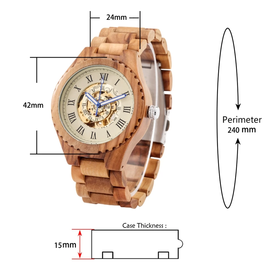 Olive Wood Luminous Needle Automatic Watch for Men Roman Numeral Yellow Adjustable Wooden Band Skeleton Mechanical Wristwatches