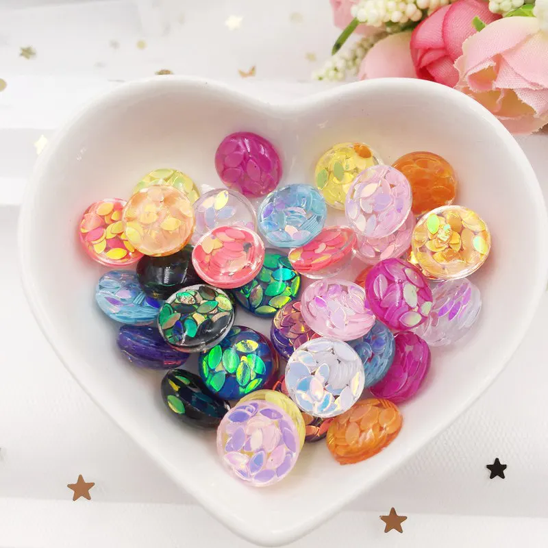 40Pcs Resin Horse Eye Glitter Paillette  Filled 12mm Round Flat Back Cabochon Rhinestone Buttons G24