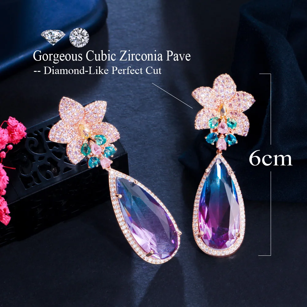 CWWZircons Micro Pave Pink Cubic Zirconia Flower Big Water Drop Rainbow Crystal Long Luxury Earring for Women Boho Jewelry CZ965