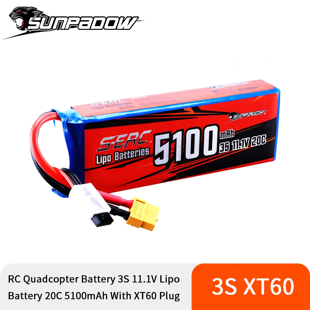 Sunpadow 3S 20C Lipo Battery 5100mAh 11.1V with XT60 Plug for RC Airplane Helicopter Drone FPV Quadcopter Model Racing