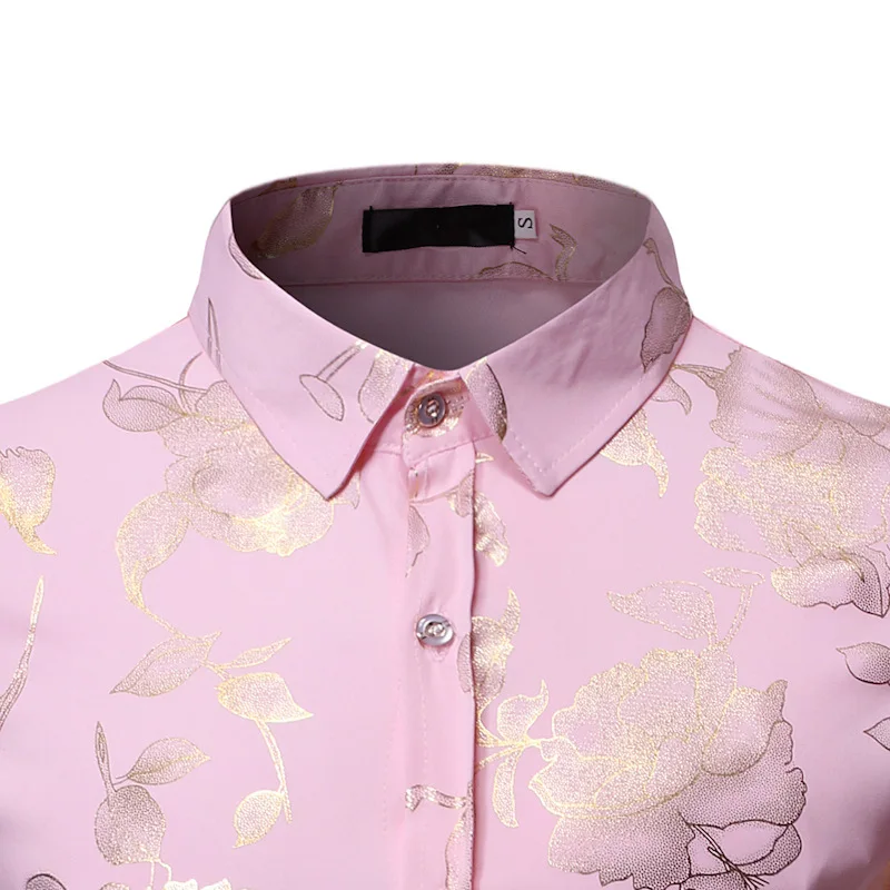 Gold Rose Print Pink Shirt Men 2019 Stylish Slim Fit Long Sleeve Mens Dress Shirts Party Wedding Club Social Shirt Chemise Homme