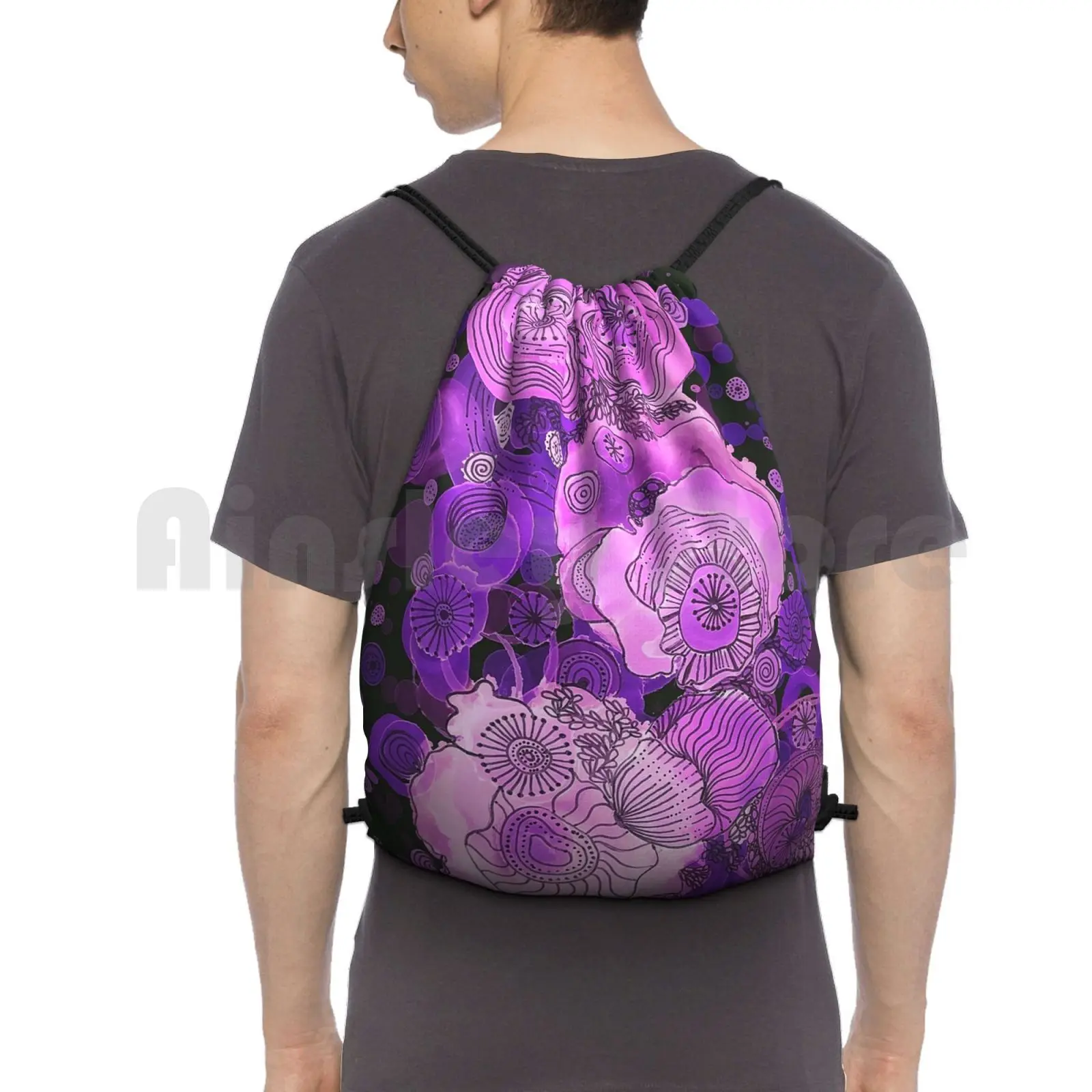 Purple Doodle At Dusk Backpack Drawstring Bags Gym Bag Waterproof Lois Gardiner Painturartout Purple Mauve Abstract Black