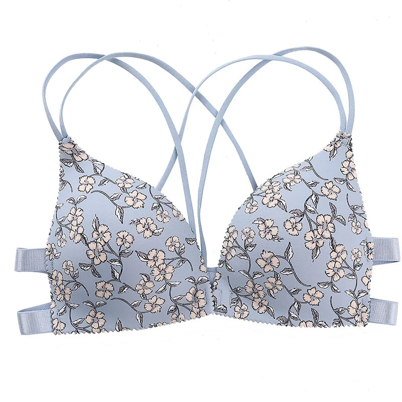 Women Flower Printed Bras Cross Beauty Back Front Buckle Wireless Bralette Female Fashion Sexy Lingerie Comfort Push Up Bras 1pc