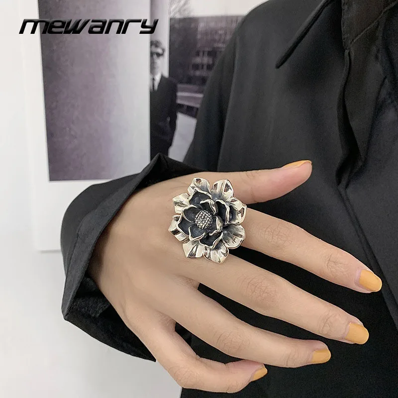 Mewanry Silver Color Ring Fashion Exaggerated Flower Ring Peony Retro Simple Design Trendy Elegant Party Gift for Women