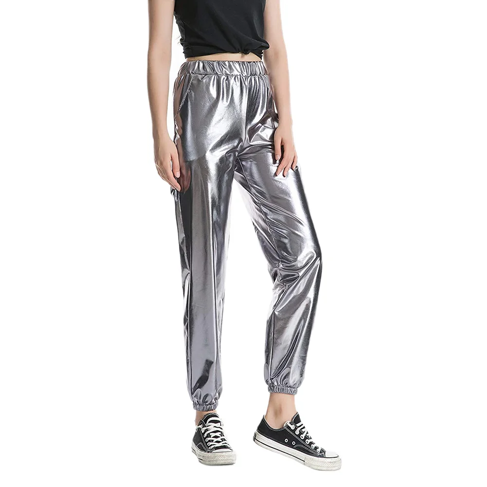 Metallic Shiny Jogger Pants Women Harem Hip Hop High Waisted Glittening Streetwear Elastic Trousers