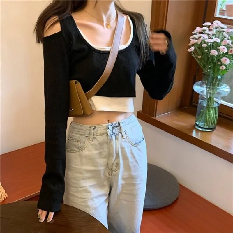 Off Shoulder Fake Two Pieces Long Sleeve T-shirts Women Korean Style Corp Top Ins Hollow Out Slim Simple Trendy Chic Sexy New