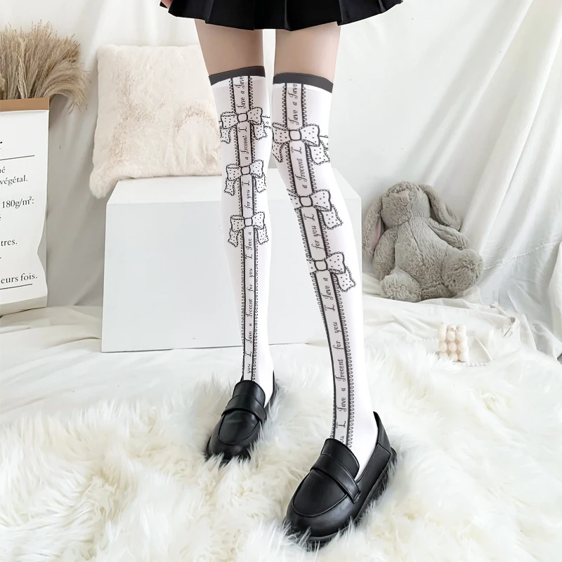 

Bow Print Ladies Over-The-Knee Stockings Sweet Girl Pink Black High-Thigh Sexy Silk Stockings Kawaii Cosplay Cute Long Socks