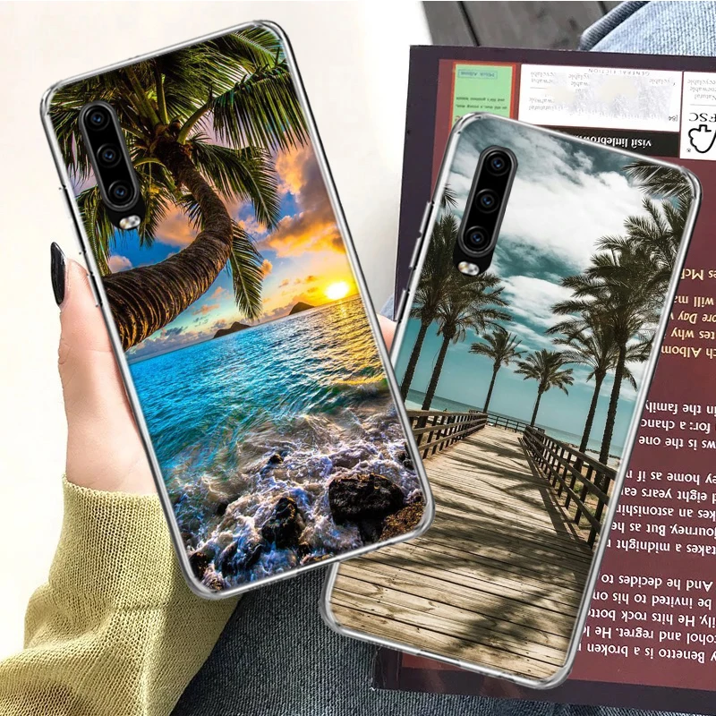 Summer Beach Scene at Sunset on sea Palm Tree Phone Case For Huawei P30 Lite P10 P20 P40 P50 Cover Mate 40 Pro 10 20 30 Capa