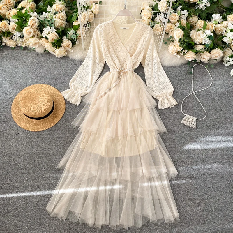 Wavsiyier Boho Luxury manica lunga Party autunno Runway Cake Dress a-line 2022 Vintage Spring Elegant abiti a vita alta donna nuovo