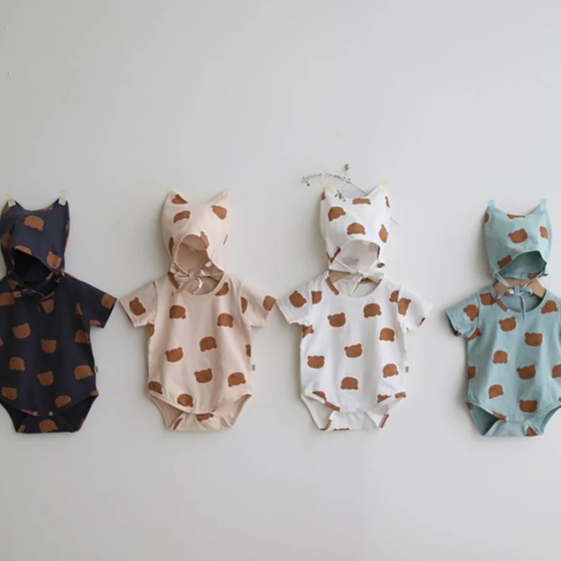 MILANCEL Summer New Baby Clothes Korean Cotton Toddler Bodysuit Cute Bear Print Infant Outfit with Hat