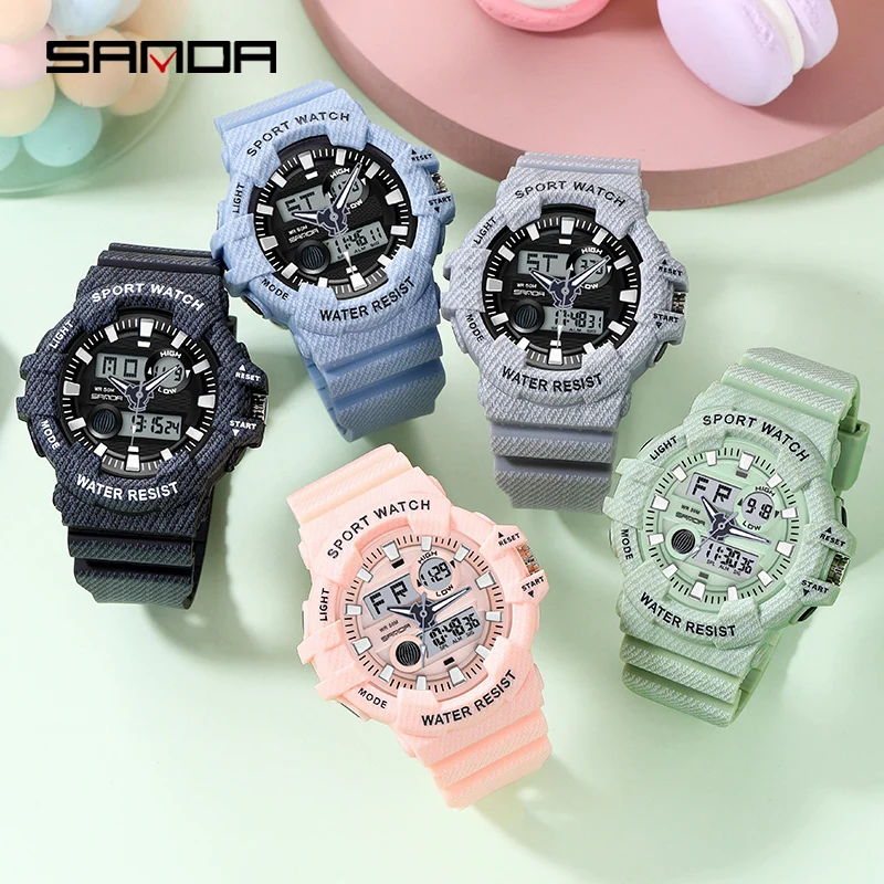 SANDA Sports Watch Luminous LED Digital Analog Watch Multifunctional Dual Display Women Watch Automatic Calendar 5ATM Waterproof