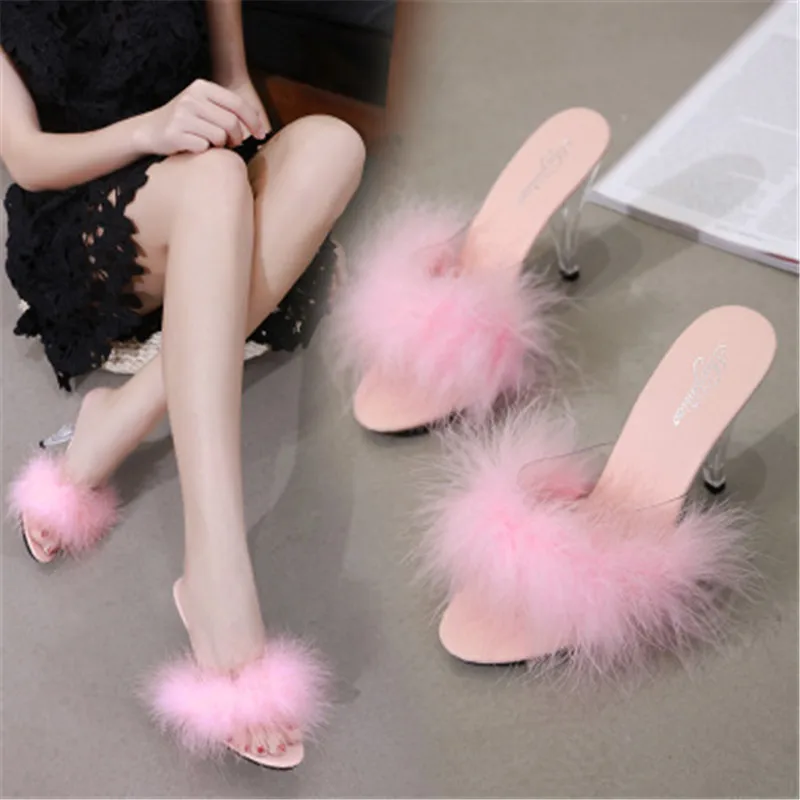 Plus Size 34-44 45 Woman Sexy Slippers Female 7/10CM Feather Party High Heels Shoes Women Summer Fur Transparent Slippers Ladies