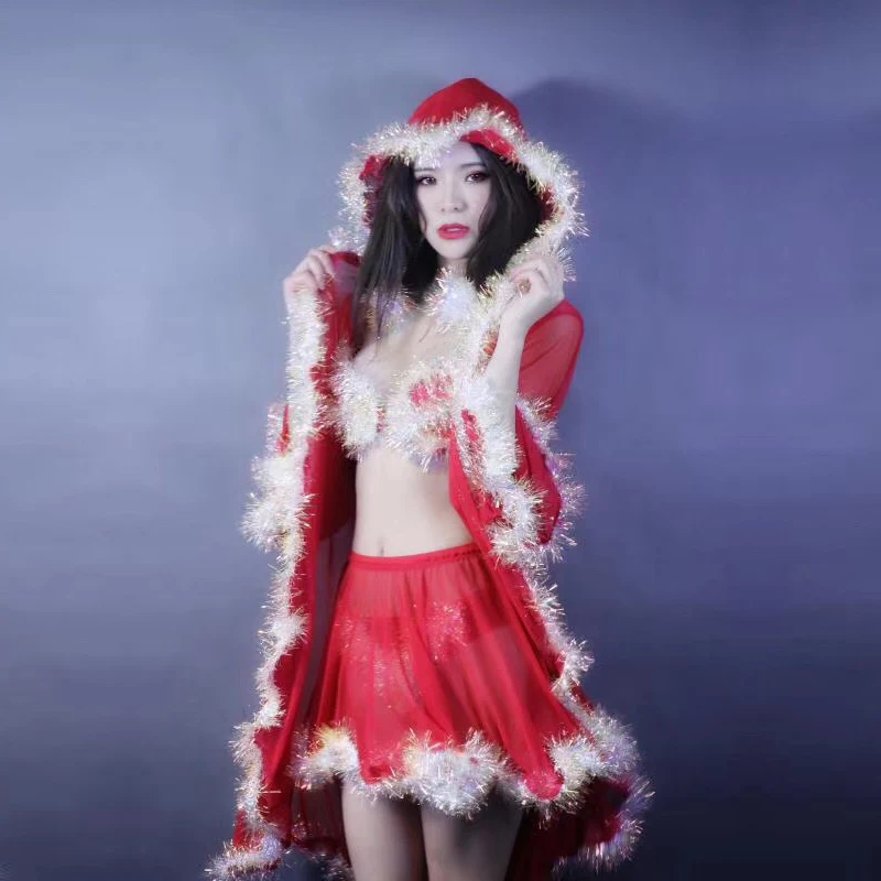 Fonkelende Rode En Witte Bikini Pak Stage Performance Kostuum Bar Concert Dj Zanger/Danser Kostuum