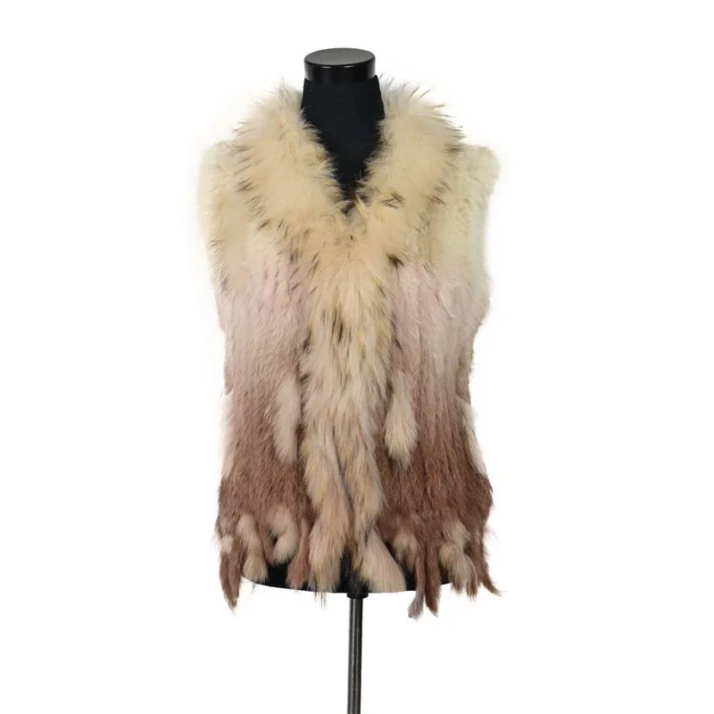 

VR001-17 Free Shipping Womens Natural Real Rabbit Fur Vest With Raccoon Fur Collar Waistcoat/jackets Rex Rabbit Knitted