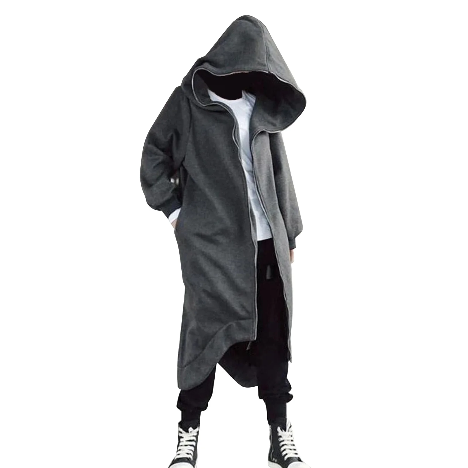 Unisex Long Sleeve Hooded Nazgul Long Coat Zipper Closure Fleece Lined Long Hoodie d88