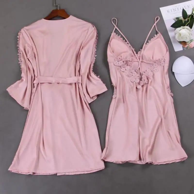 White Lace Bride Bridesmaid Wedding Robe Women Hollow Sexy Nightgown 2pcs Sleepwear Spring Summer Silky Satin Home Dressing Gown