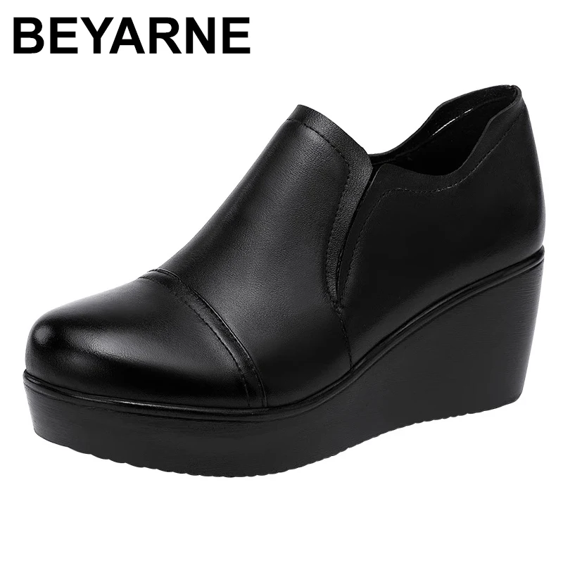 BEYARNE  High Heel Women Shoes  Women Leather Casual Shoes Breathable Fashion Waterproof Wedges Platform Shoes Women