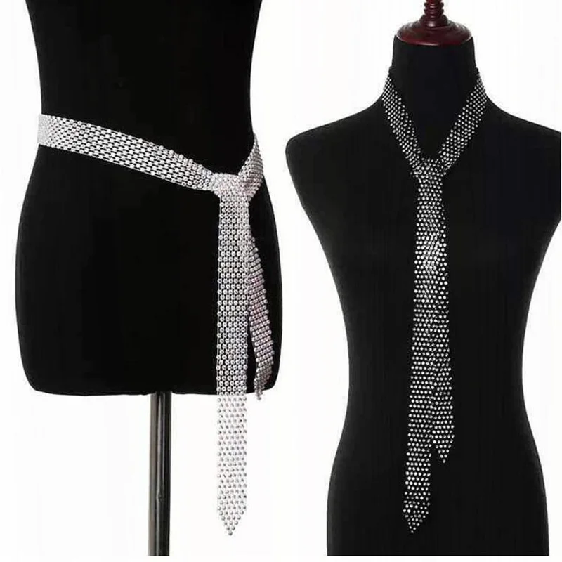 Summer  Black Long Sharp Corner Rhinestone Scarf  Korean Female Social Sailor Dance  Necktie Multifunction Bow Trendy Belt P7