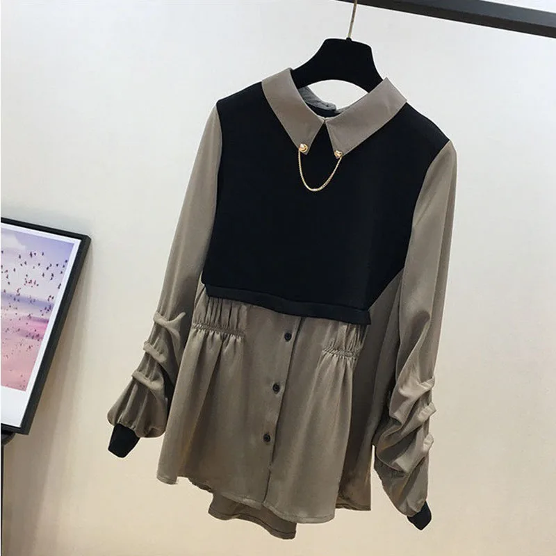 

2024 New Women's Shirts Tops Spring Summer Chic Splicing Fake Two Pieces Chiffon Blouse Long Sleeve White khaki Elegant Shirts