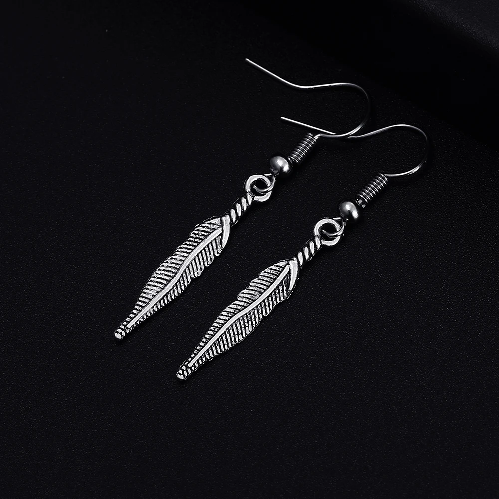 Trendy Feather Shape Dangle  Antique Silver Plated Earrings for Women Girl Retro Drop Earrings Cute Earring Jewelry Bijoux